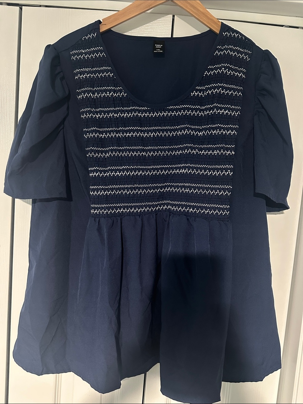 Navy Smocked Yoke Short Sleeve Women's Top